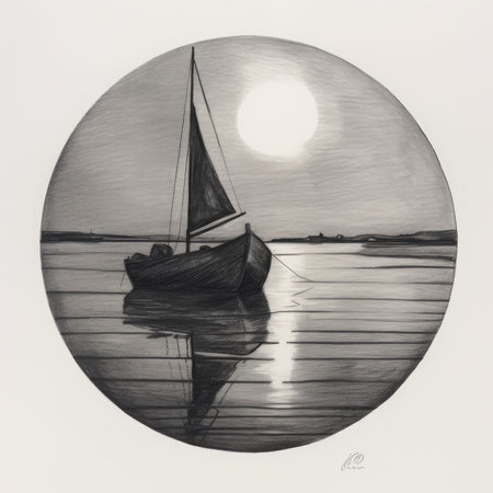Sailing boat on the sea. Hand drawn illustration in a circle, landscape in a circle, graphite pencil, hand drawn.の素材