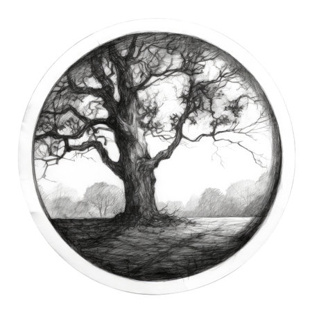 Black and white illustration of a tree in a round frame on a white background, landscape in a circle, graphite pencil, hand drawn.の素材