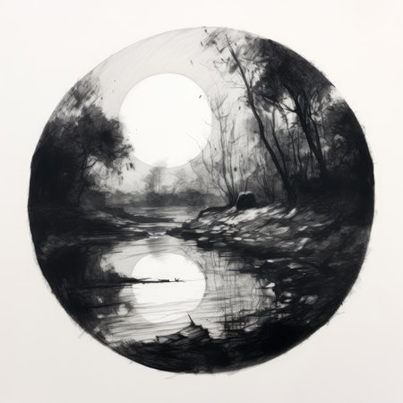 Illustration of a black and white landscape with trees in a circle, landscape in a circle, graphite pencil, hand drawn.の素材