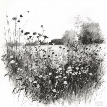 Wild flowers in the meadow, black and white pencil drawing, landscape in a circle, graphite pencil, hand drawn.の素材