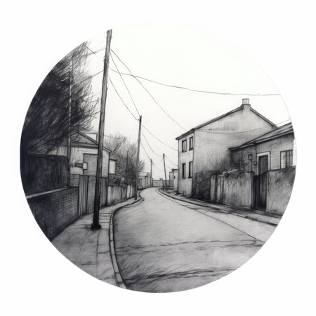 Hand drawn illustration of a street with houses and trees. Black and white, landscape in a circle, graphite pencil, hand drawn.の素材