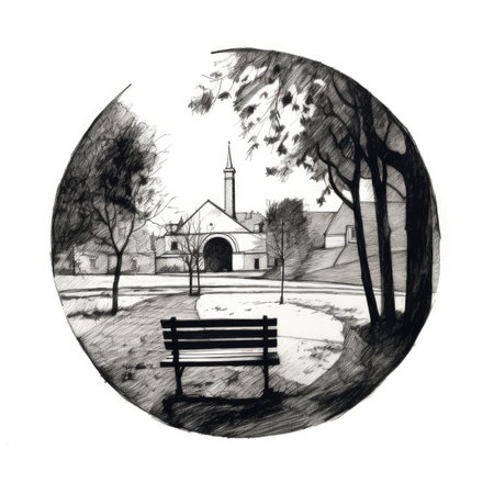 Sketch of a park with a bench and a church in the background, landscape in a circle, graphite pencil, hand drawn.の素材
