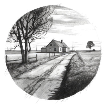 Black and white illustration of an old farm house in the countryside, landscape in a circle, graphite pencil, hand drawn.の素材