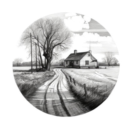 Black and white illustration of a rural landscape with a country house in the foreground, landscape in a circle, graphite pencil, hand drawn.の素材