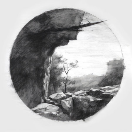 Watercolor illustration of an autumn landscape in the form of a circle, landscape in a circle, graphite pencil, hand drawn.の素材