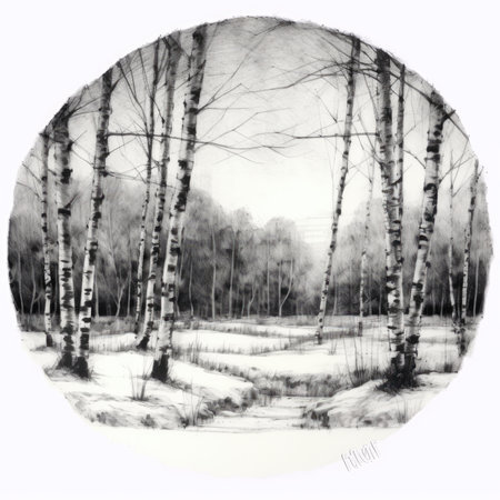 Winter landscape with birch grove in the snow. Hand drawn illustration, landscape in a circle, graphite pencil, hand drawn.の素材