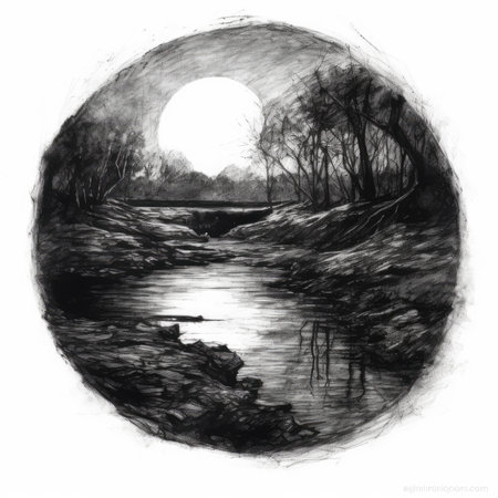Sunset over the river in black and white, hand drawn illustration, landscape in a circle, graphite pencil, hand drawn.の素材