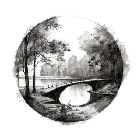 Trees and bridge in the forest. Black and white illustration, landscape in a circle, graphite pencil, hand drawn.の素材