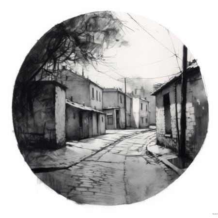 Street in the old town of Lviv, Ukraine. Black and white painting, landscape in a circle, graphite pencil, hand drawn.の素材