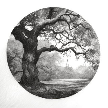 Black and white image of an oak tree with a lake in the background, landscape in a circle, graphite pencil, hand drawn.の素材