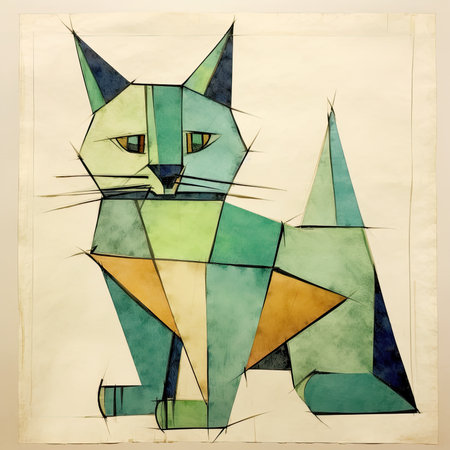 Hand drawn illustration of a cat with a geometric pattern on old paper, abstract geometric painting, poster, watercolor, picasso, wall art, retro classic clipartの素材