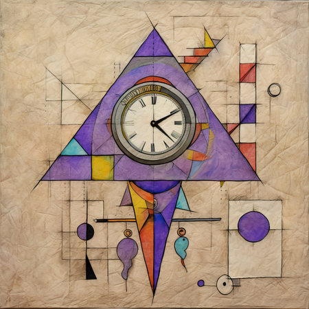 abstract background with clock and colorful geometric shapes on old paper texture, abstract geometric painting, poster, watercolor, picasso, wall art, retro classic clipartの素材