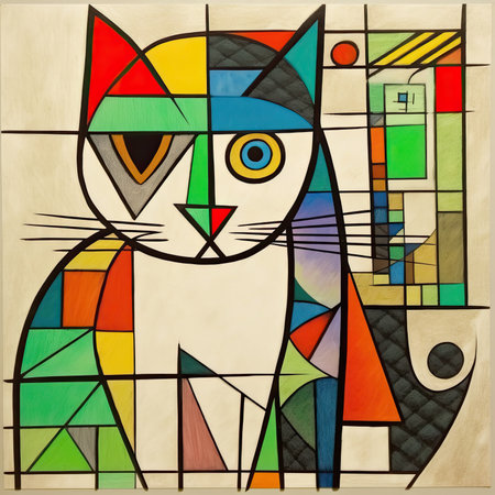 Colorful stained glass window with a cat in the style of stained glass, abstract geometric painting, poster, watercolor, picasso, wall art, retro classic clipartの素材