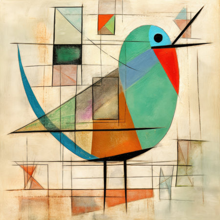 abstract painting. Bird on abstract background. Hand-drawn illustration, abstract geometric painting, poster, watercolor, picasso, wall art, retro classic clipartの素材