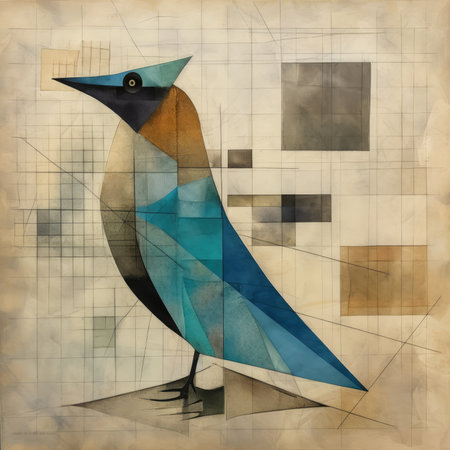 Abstract bird on old paper background with geometric elements. Vector illustration, abstract geometric painting, poster, watercolor, picasso, wall art, retro classic clipartの素材