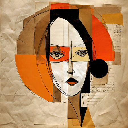 Face of a beautiful woman on old paper background with music notes, abstract geometric painting, poster, watercolor, picasso, wall art, retro classic clipartの素材