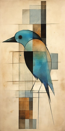 Abstract painting with bird on old paper background. Hand-drawn illustration, abstract geometric painting, poster, watercolor, picasso, wall art, retro classic clipartの素材