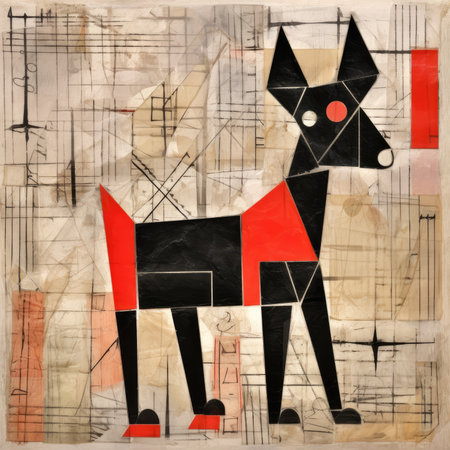 Hand drawn illustration of a dog in a geometric style on a grunge background, abstract geometric painting, poster, watercolor, picasso, wall art, retro classic clipartの素材