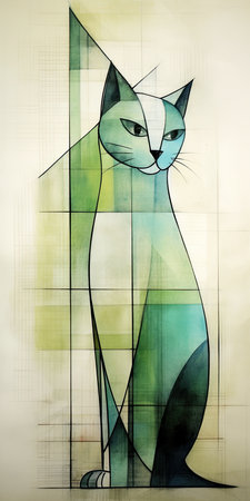 Sketch of a cat on a light background. Hand-drawn illustration, abstract geometric painting, poster, watercolor, picasso, wall art, retro classic clipartの素材