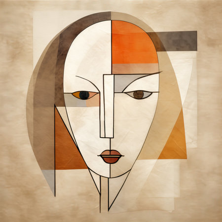 Illustration of the face of a beautiful woman in the style of cubism, abstract geometric painting, poster, watercolor, picasso, wall art, retro classic clipartの素材