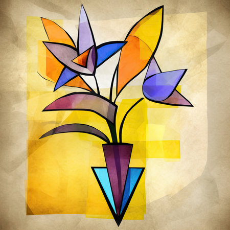 Illustration of a vase with flowers on a grunge background, abstract geometric painting, poster, watercolor, picasso, wall art, retro classic clipartの素材