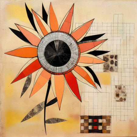 Abstract sunflower on old paper background. Hand-drawn illustration, abstract geometric painting, poster, watercolor, picasso, wall art, retro classic clipartの素材