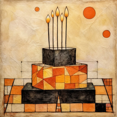 Birthday cake with burning candles on old paper background. Hand drawn illustration, abstract geometric painting, poster, watercolor, picasso, wall art, retro classic clipartの素材