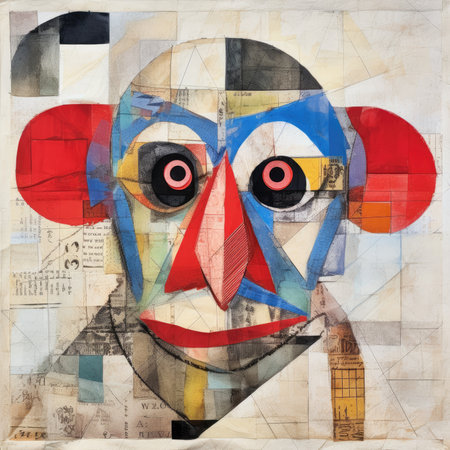 Abstract colorful face painting on old paper background. Contemporary art collage, abstract geometric painting, poster, watercolor, picasso, wall art, retro classic clipartの素材