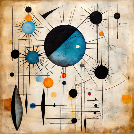 Abstract background with circles, lines and spots. Hand-drawn illustration, abstract geometric painting, poster, watercolor, picasso, wall art, retro classic clipartの素材