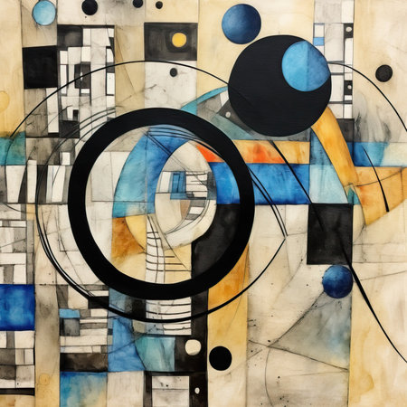 Abstract watercolor background with geometric elements in blue, black and white colors, abstract geometric painting, poster, watercolor, picasso, wall art, retro classic clipartの素材