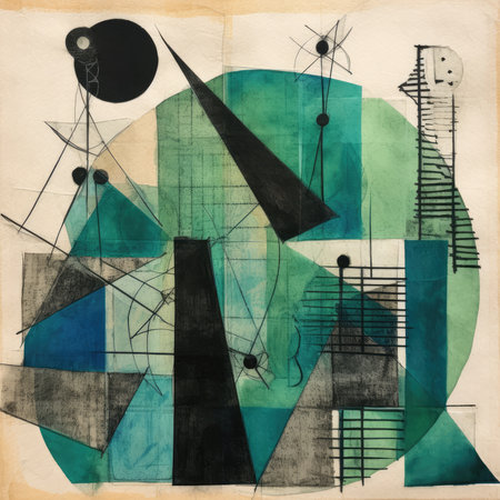 Abstract background with different geometric elements on old paper. , abstract geometric painting, poster, watercolor, picasso, wall art, retro classic clipartの素材