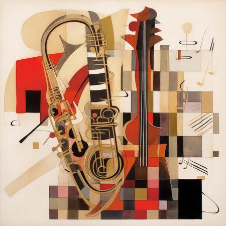 contemporary art collage. Abstract composition with various musical instruments, abstract geometric painting, poster, watercolor, picasso, wall art, retro classic clipartの素材