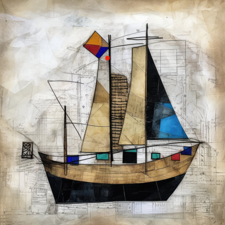 sailing boat on the background of the city on the paper texture, abstract geometric painting, poster, watercolor, picasso, wall art, retro classic clipartの素材
