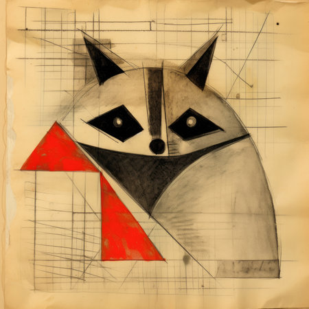 Drawing of a fox on an old sheet of paper with a red arrow, abstract geometric painting, poster, watercolor, picasso, wall art, retro classic clipartの素材