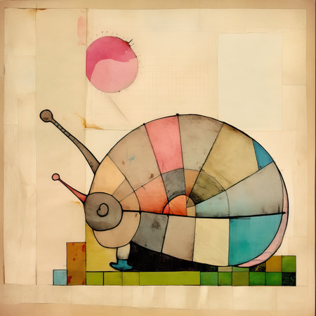 Garden snail on a sheet of old paper with watercolor stains, abstract geometric painting, poster, watercolor, picasso, wall art, retro classic clipartの素材