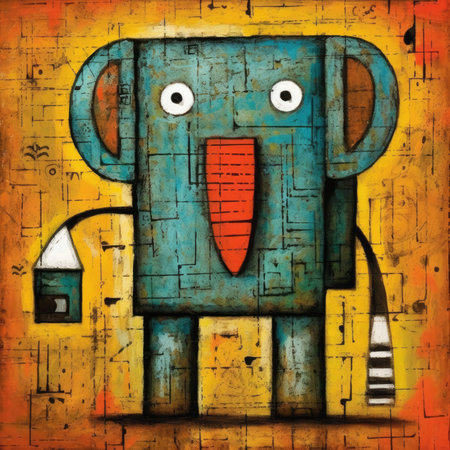 African ethnic retro vintage art illustration with elephant on the grunge background. Abstract bright illustration, sculptural and geometric, picasso cartoonの素材