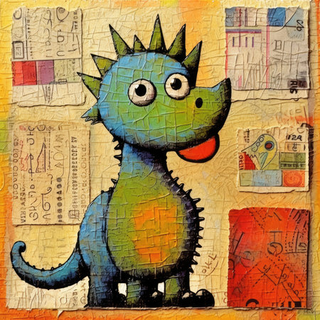 illustration of a cute dinosaur on the background of the old postcard. Abstract bright illustration, sculptural and geometric, picasso cartoonの素材