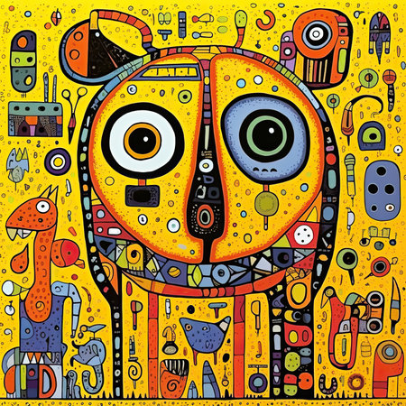 Vector illustration of Doodle cute Monster on yellow background. Hand Drawn Doodle Monster. Abstract bright illustration, sculptural and geometric, picasso cartoonの素材