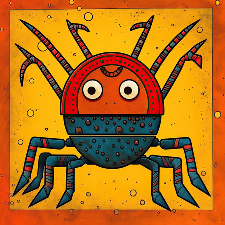 Cute spider on orange grunge background. hand drawn vector illustration. Abstract bright illustration, sculptural and geometric, picasso cartoonの素材