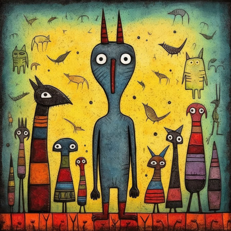 Funny monsters on grunge background. hand-drawn illustration. Abstract bright illustration, sculptural and geometric, picasso cartoonの素材