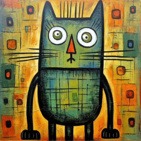 Illustration of a cat with an expression on his face. painting on canvas. Abstract bright illustration, sculptural and geometric, picasso cartoonの素材