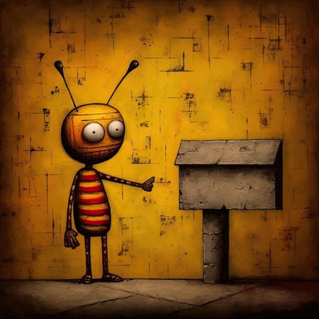 funny little ant with old wooden signboard on grunge background. Abstract bright illustration, sculptural and geometric, picasso cartoonの素材