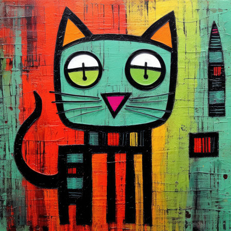 graffiti cat on the wall. Grunge urban background. Abstract bright illustration, sculptural and geometric, picasso cartoonの素材