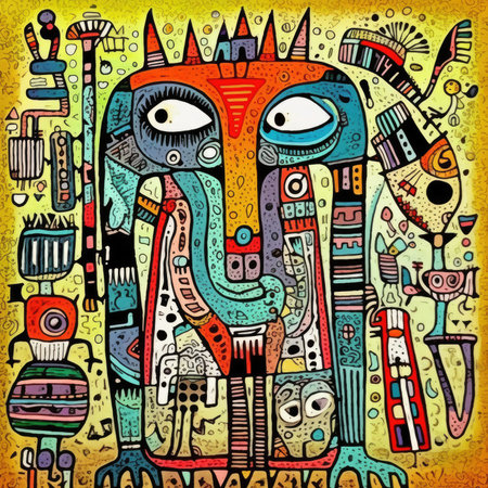 Tribal totem hand drawn illustration. Ethnic tribal vector illustration. Abstract bright illustration, sculptural and geometric, picasso cartoonの素材