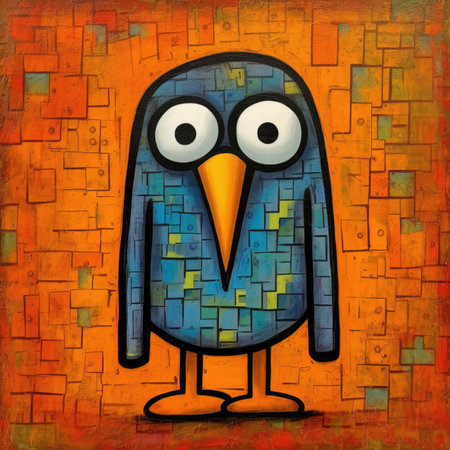 Funny cartoon bird with big eyes on the background of brick wall. Abstract bright illustration, sculptural and geometric, picasso cartoonの素材
