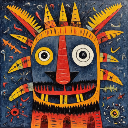Colorful illustration of a native american indian tribal mask. Abstract bright illustration, sculptural and geometric, picasso cartoonの素材