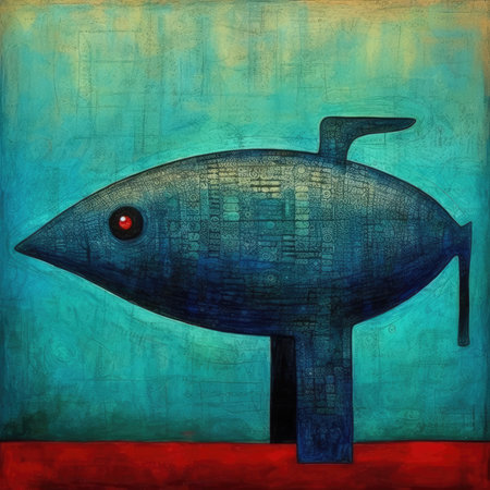 Illustration of a stylized blue submarine on a grunge background. Abstract bright illustration, sculptural and geometric, picasso cartoonの素材