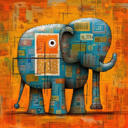 Elephant on abstract grunge background. Colorful painted elephant. Abstract bright illustration, sculptural and geometric, picasso cartoonの素材