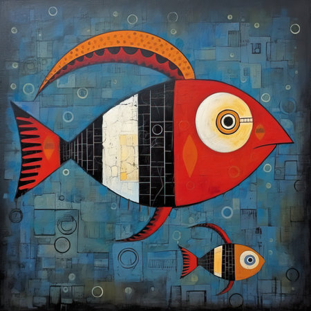 Colorful fish on abstract colorful background, art illustration for your design. Abstract bright illustration, sculptural and geometric, picasso cartoonの素材