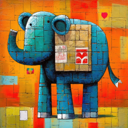 Mural art illustration. Colorful elephant graffiti on a brick wall. Abstract bright illustration, sculptural and geometric, picasso cartoonの素材